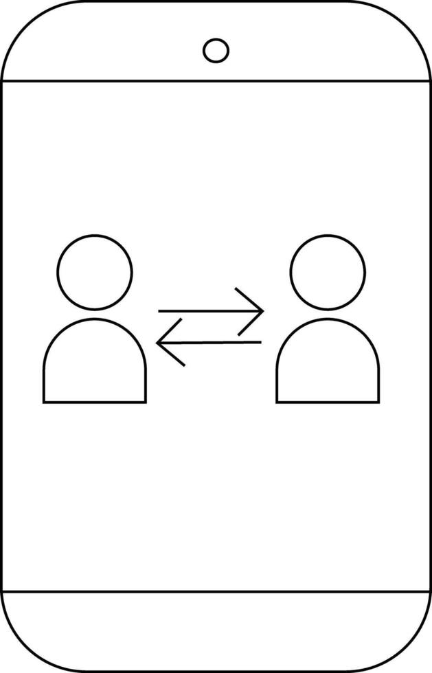 A cellphone with two simplistic person icons and a doubleheaded arrow between them vector