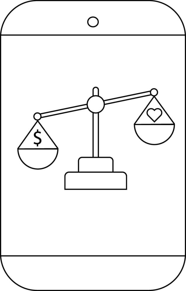 Outline of a phone displaying scales with a heart and dollar sign vector