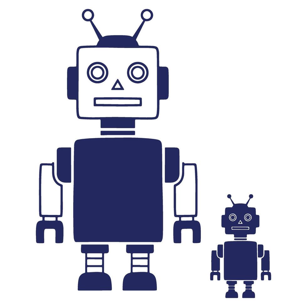 Retro Robots Two sizes Standing Side by Side Illustrative Concept of Technology and Artificial Intelligence in Dark Blue vector