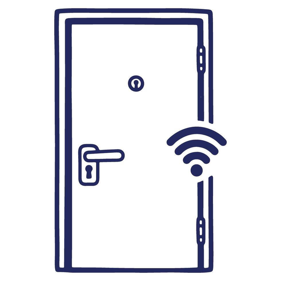 Smart home security system illustration showing a door with a wifi symbol indicating remote access and control for safety and convenience vector