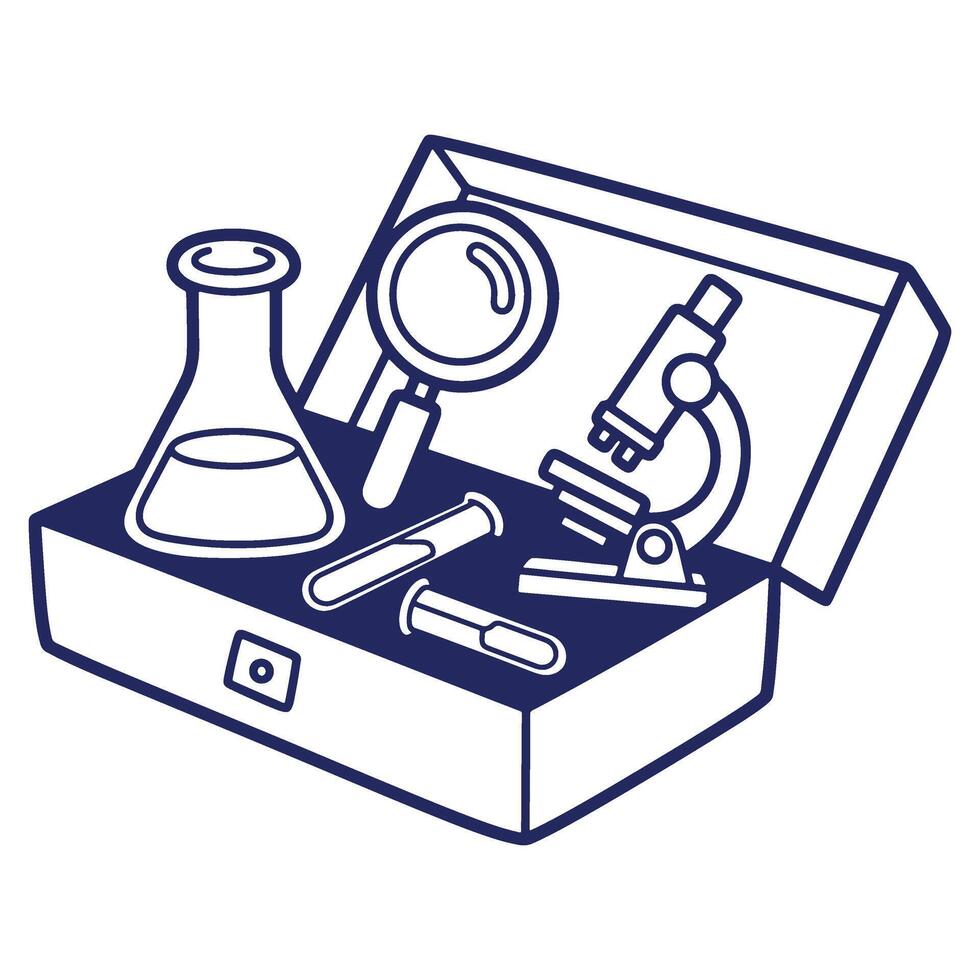 Science Kit Outline with Microscope Test Tubes and Magnifying Glass for Educational Purposes and Laboratory Research and Experimentation vector