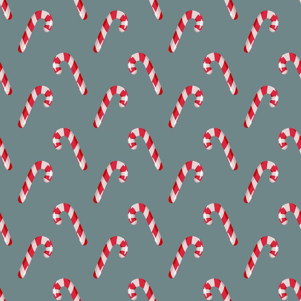 Seamless pattern with red and white candy canes on a gray background. Festive Christmas texture for wrapping paper, holiday decorations, textile prints, and seasonal design projects vector