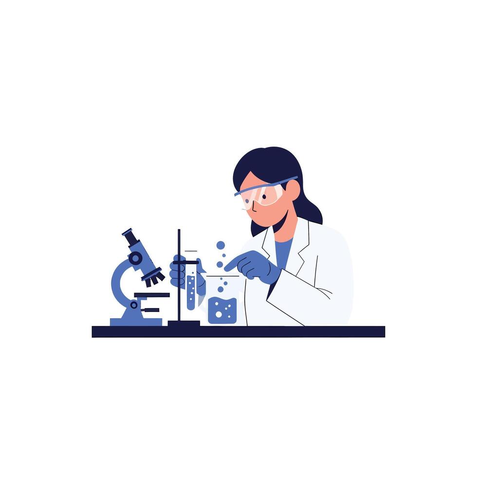 A scientist in a lab conducting an experiment with a microscope and beakers vector