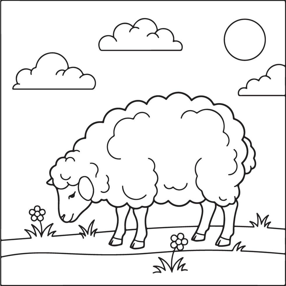 Simple line drawing of a fluffy sheep in a field with clouds and sun vector