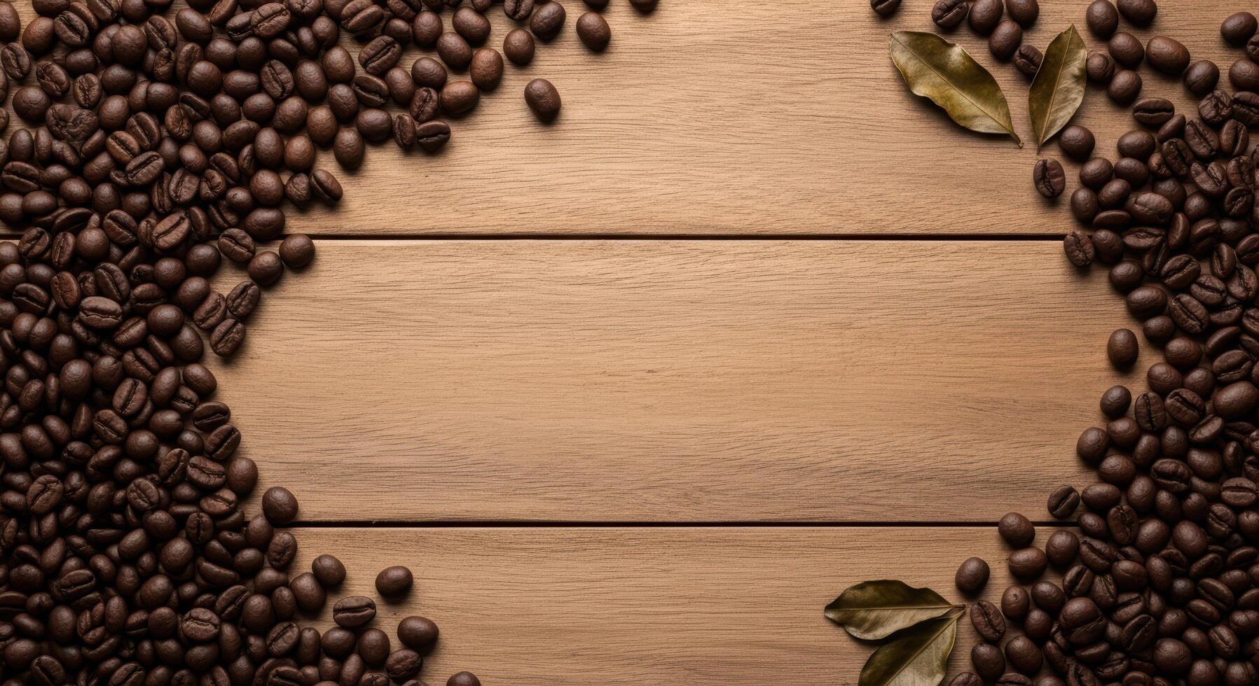Coffee beans scattered on a wooden surface with leaves creating a frame for text or product placement photo
