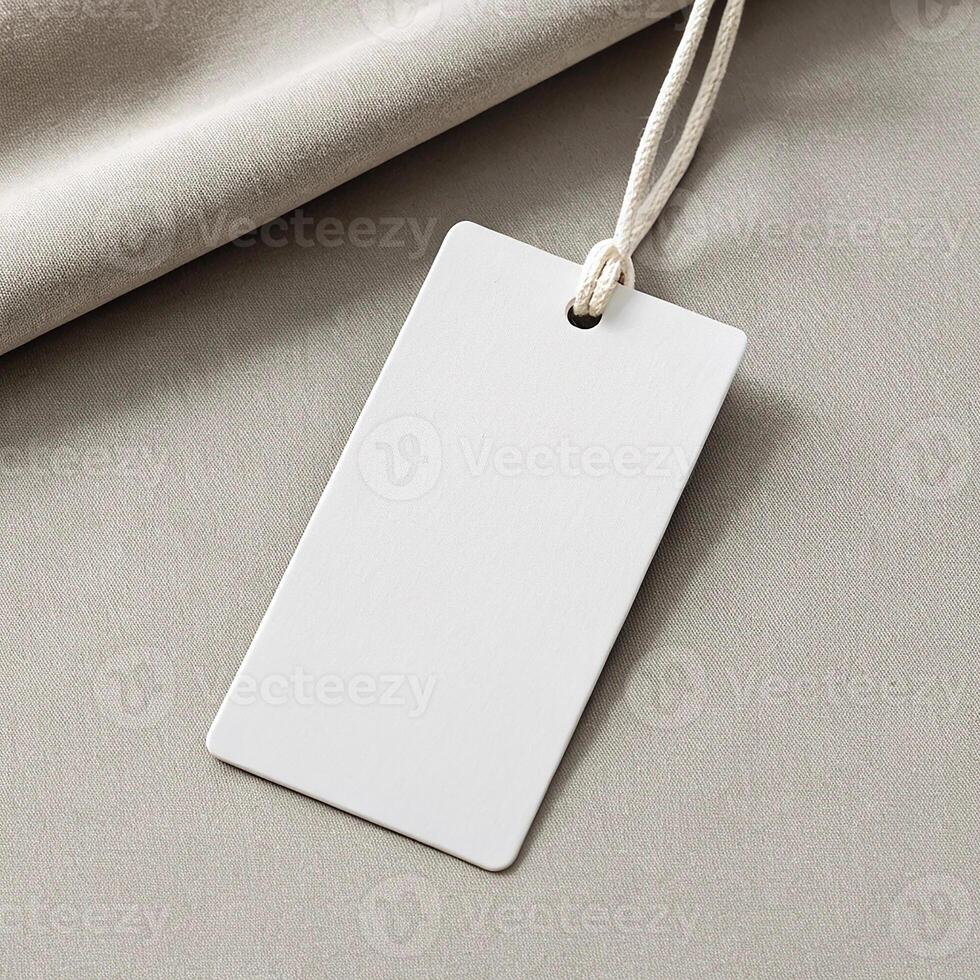 Minimal Rectangular Tag on Neutral Background - Clean white tag with soft shadows on a beige or grey matte surface photo