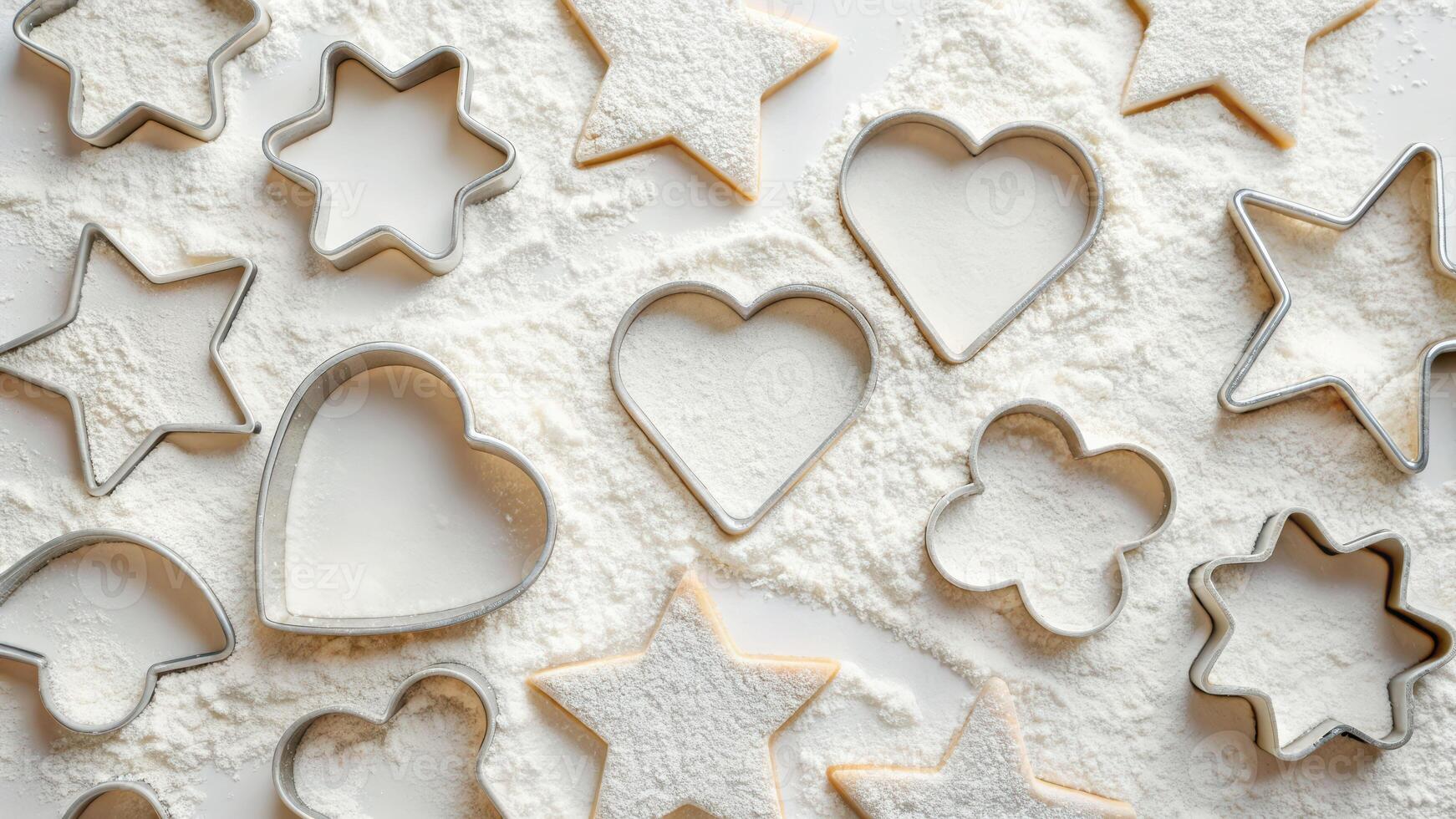Star cookie cutter shapes on flour surface, heart and flower outline create playful baking scene with warm light and soft texture joy photo