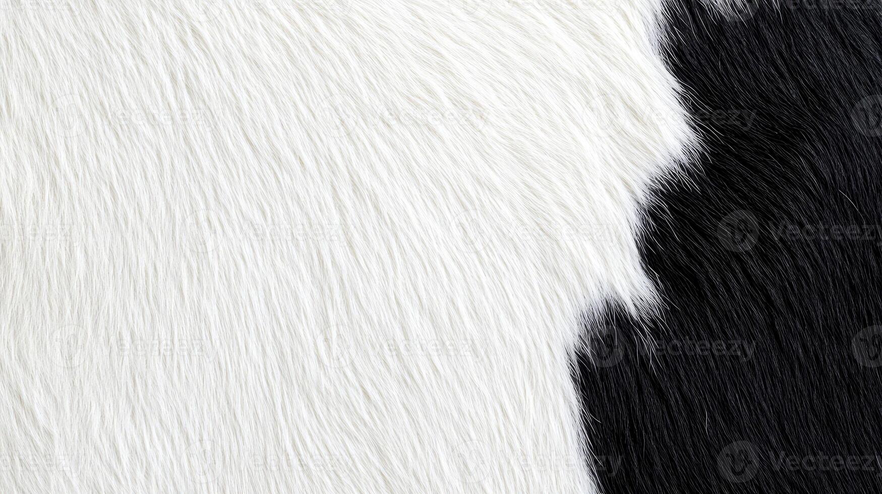 The intricate pattern of a cowhide displays contrasting black and white colors, highlighting the texture and softness of the fur photo