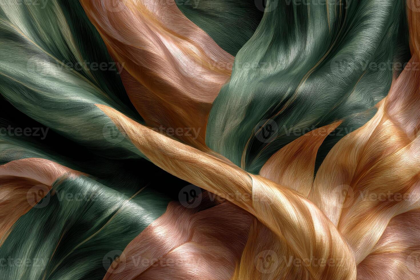 A mesmerizing botanical textile captivates with its hyper-detailed design, featuring lush green leaves intertwined with warm, earthy colors photo