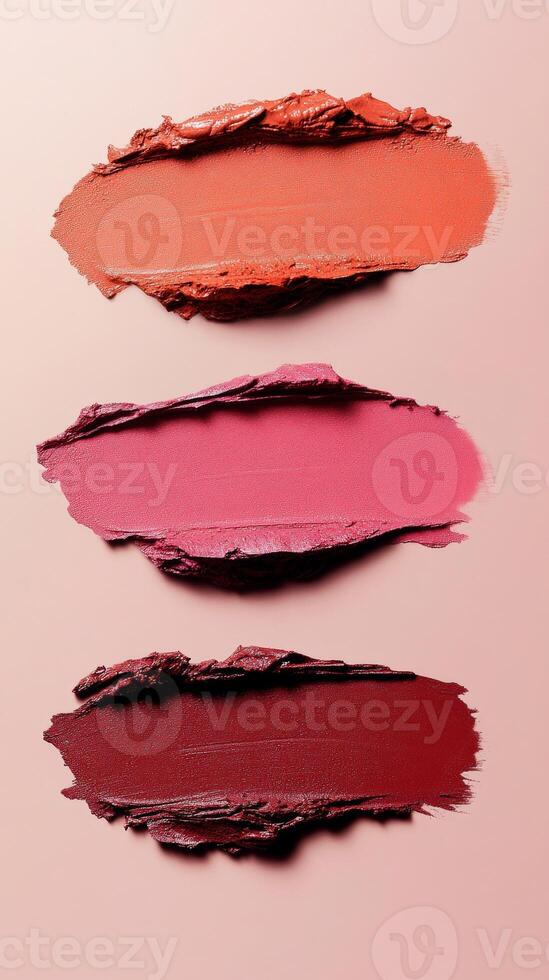 Three bold lipstick smears in orange, pink, and deep red lie horizontally on a soft pink surface, showcasing color and texture photo