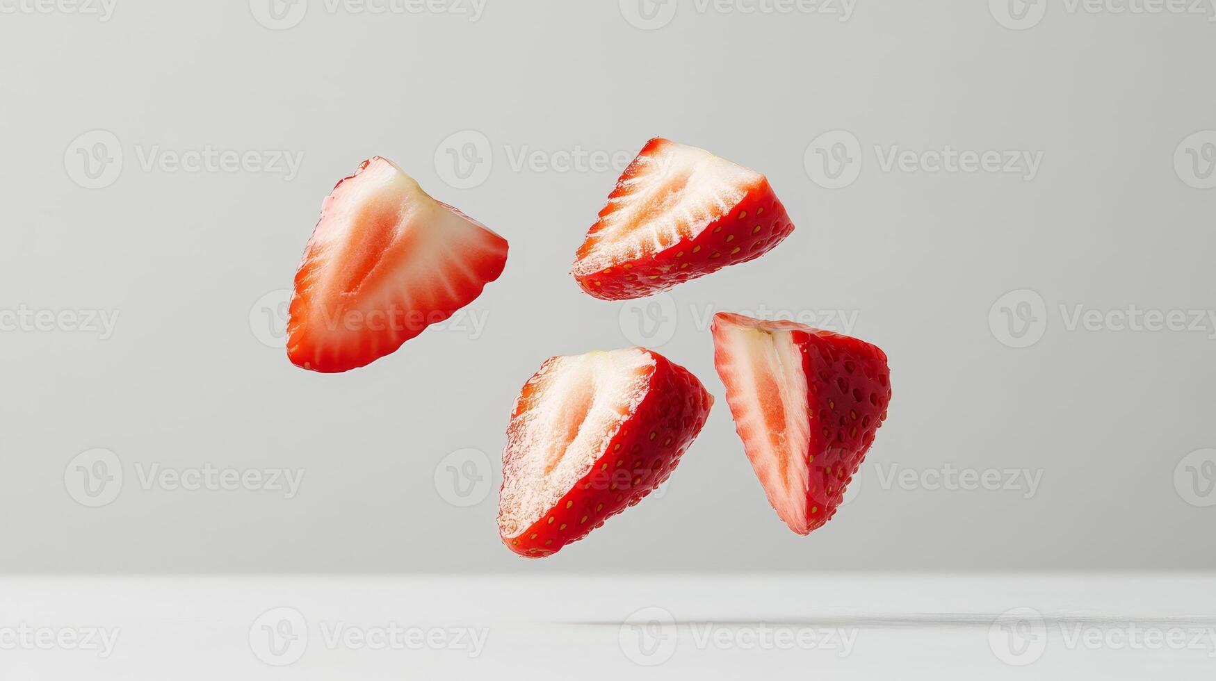 Multiple slices of fresh strawberries hover against a soft gray background, showcasing their vibrant red color and juicy texture photo