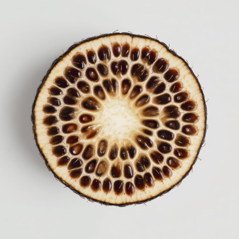 Top view of a sliced black mulberry showing its intricate seed pattern and texture isolated on white background photo