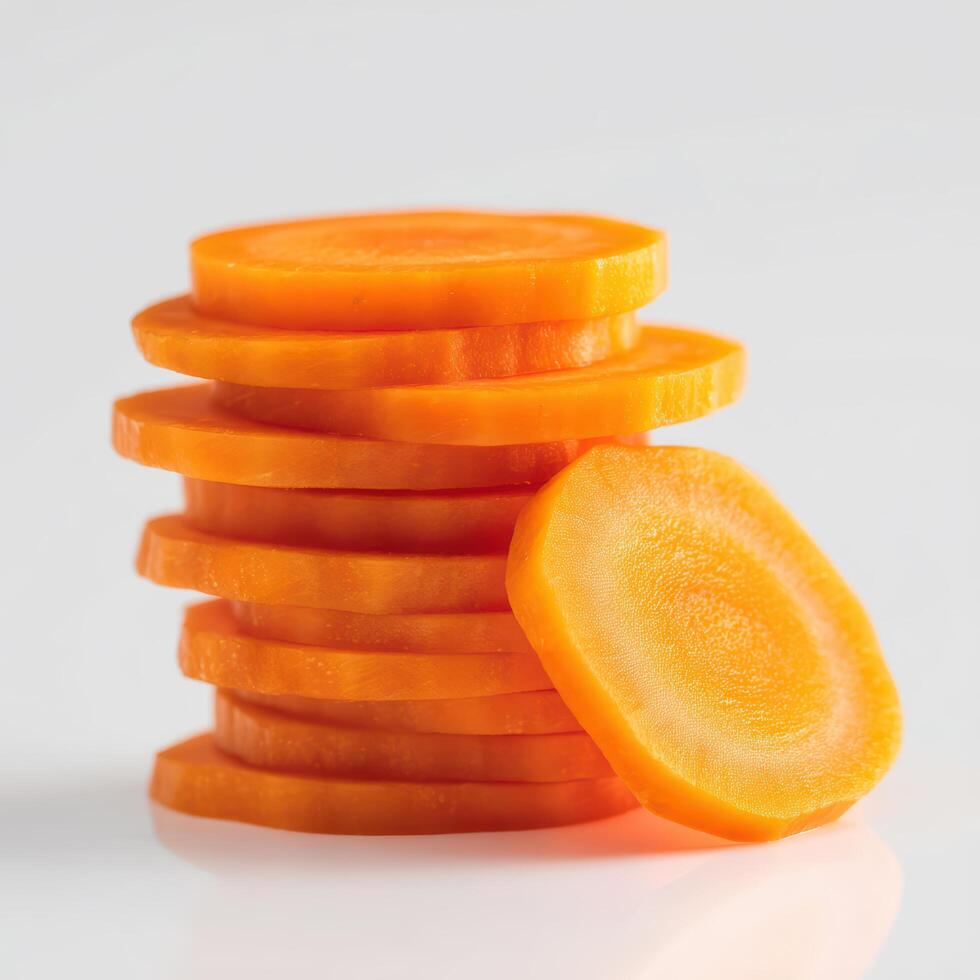 A stack of fresh carrot slices with one slice placed beside it, isolated on white background, showing texture and bright orange color photo
