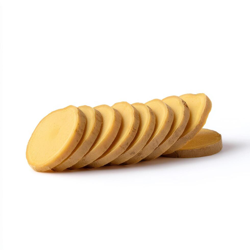 A stack of thinly sliced fresh ginger rounds arranged in a neat row, isolated on white background photo