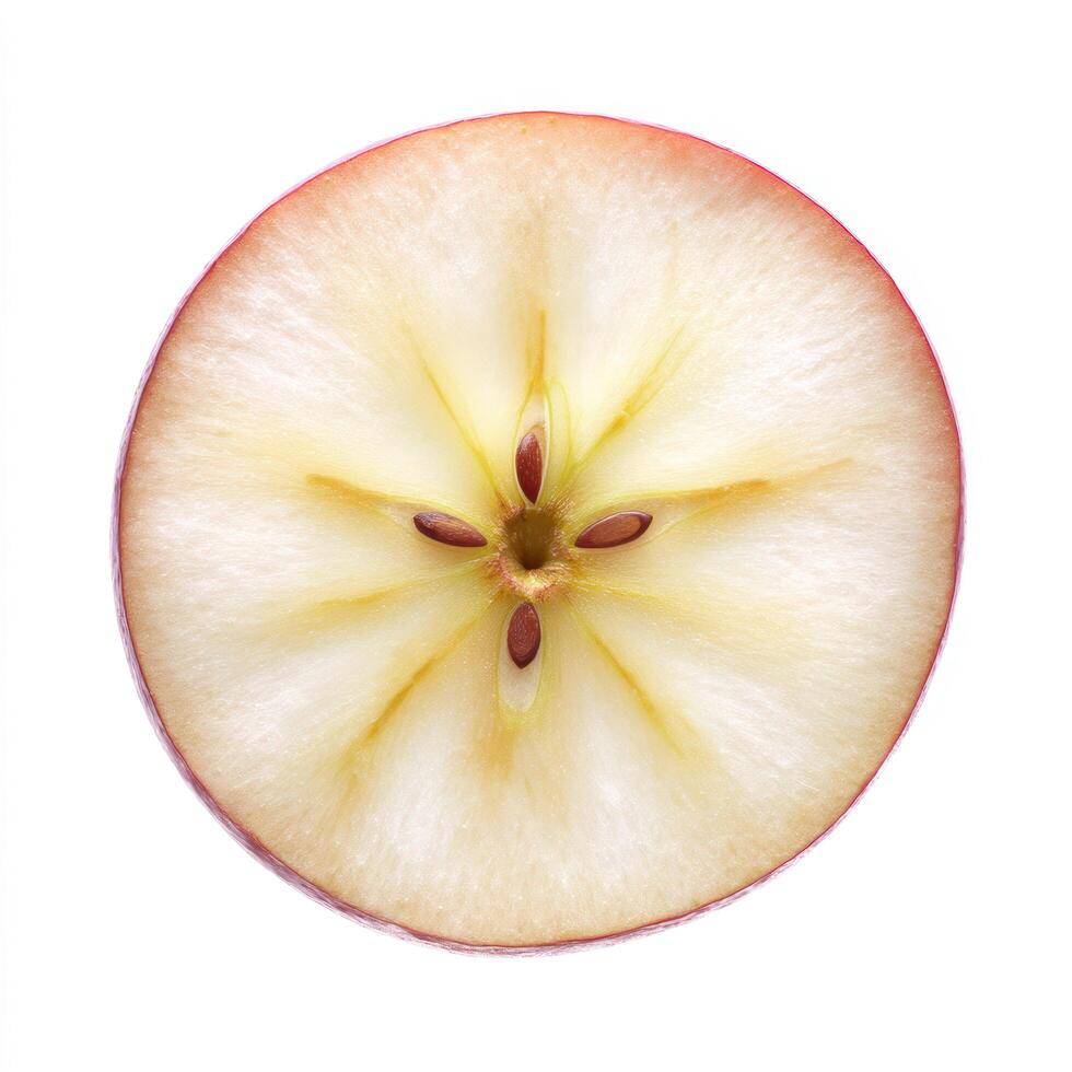 Cross section of a red apple isolated on white background, revealing its core with seeds and intricate patterns photo