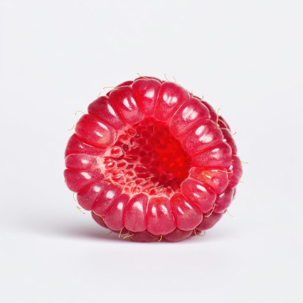 A single ripe raspberry with its characteristic segmented texture, isolated on a clean white background for versatile use photo