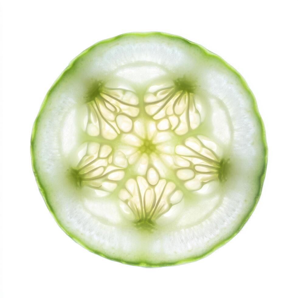 Closeup macro shot of a translucent cucumber slice showing its intricate seed pattern and green rind, isolated on white background photo