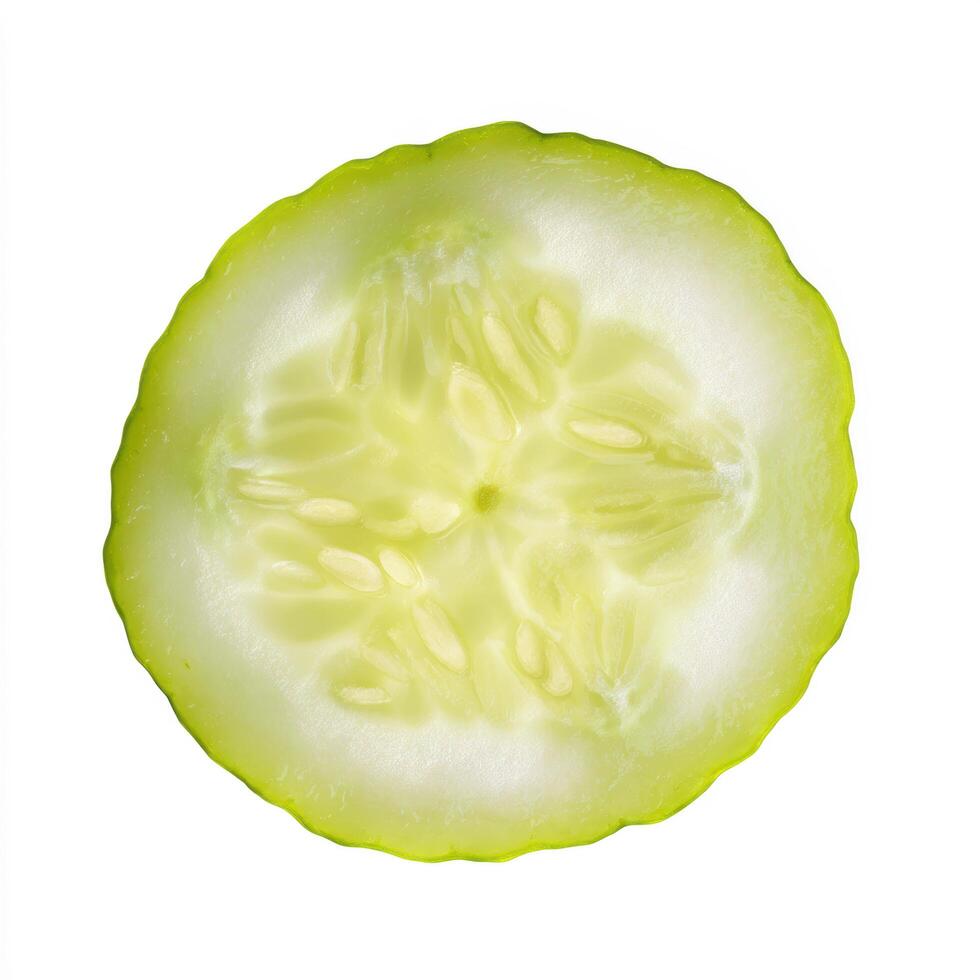 A single slice of cucumber isolated on a white background, highlighting its refreshing green color and texture photo