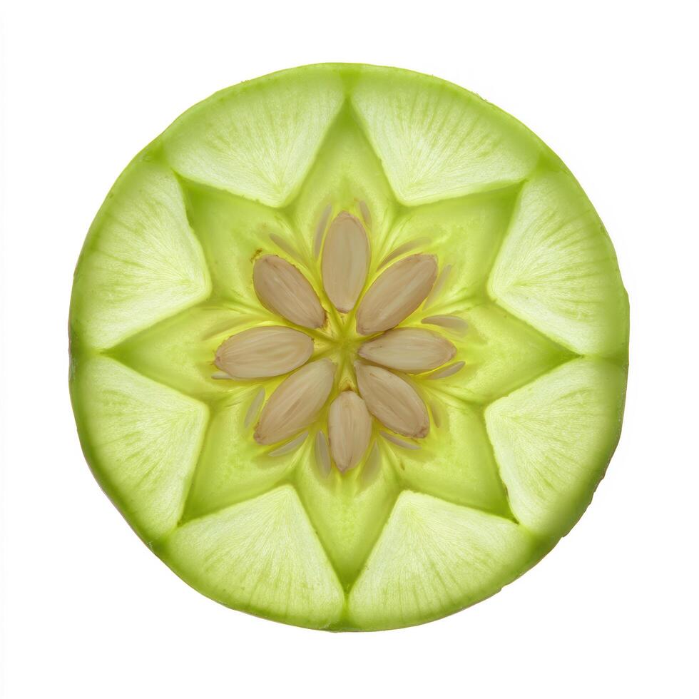 Abstract geometric pattern of a cucumber slice with star shape and seeds, isolated on white background photo