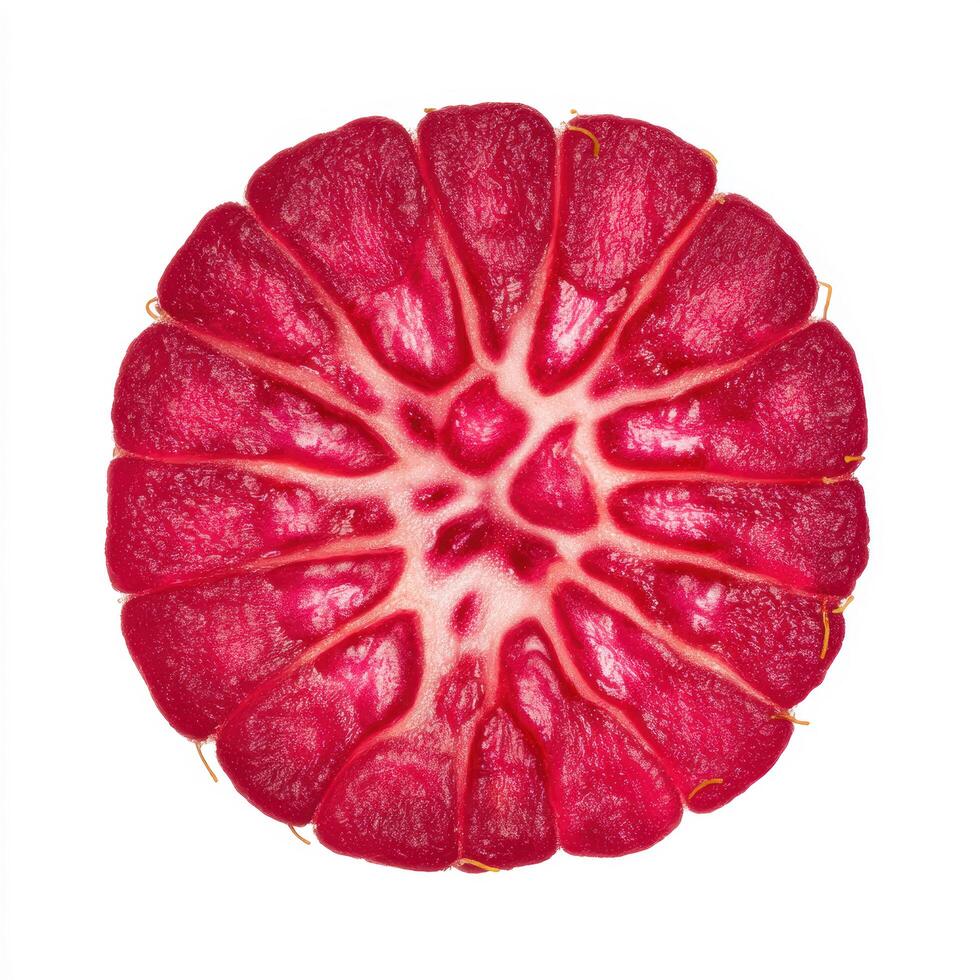 Crosssection of a ripe raspberry revealing its intricate internal structure and vibrant red pulp, isolated on white photo