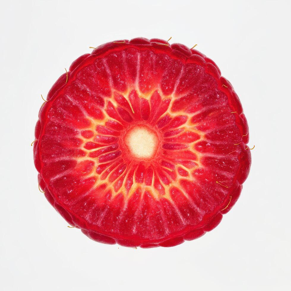 Closeup macro shot of a raspberry slice showing intricate details of its segments and seeds, isolated on white background photo