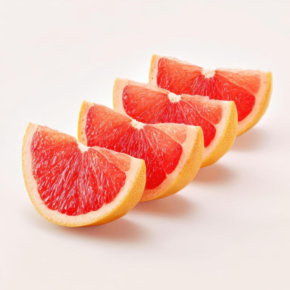 Four juicy grapefruit slices arranged in a diagonal line on a plain background, showcasing their vibrant color and texture photo