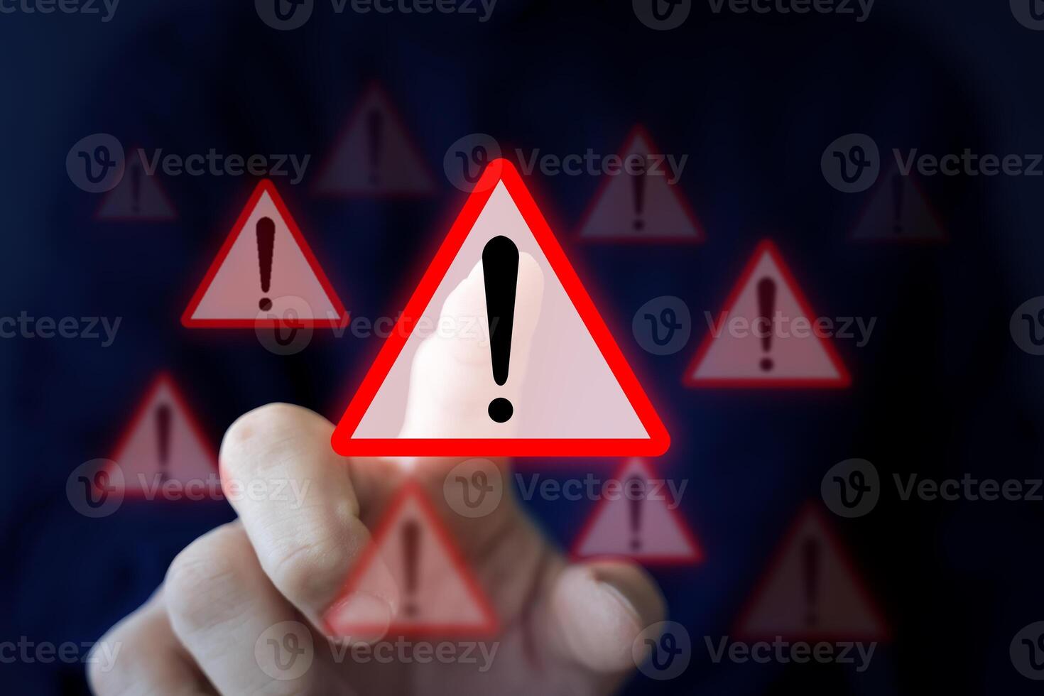 Security alert and warning concept with red exclamation triangle symbol for danger notification message photo
