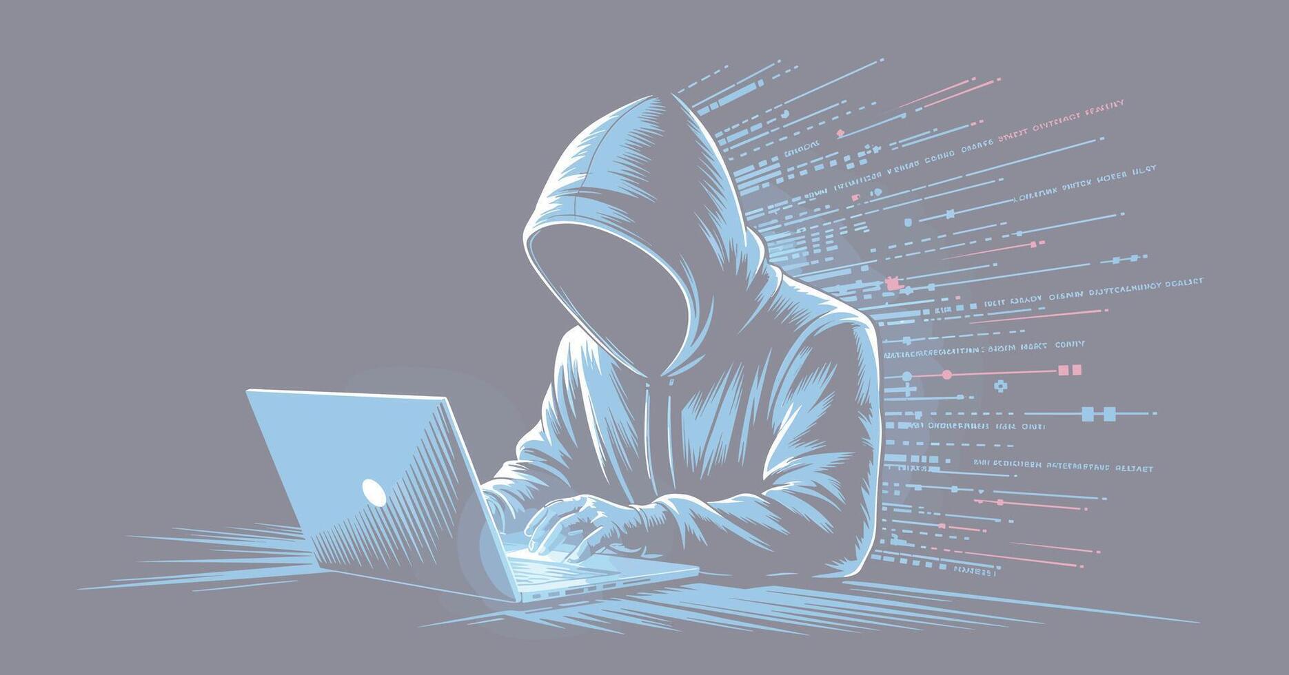 anónimo figura vistiendo capucha mecanografía en ordenador portátil con digital datos corrientes hacker código vector