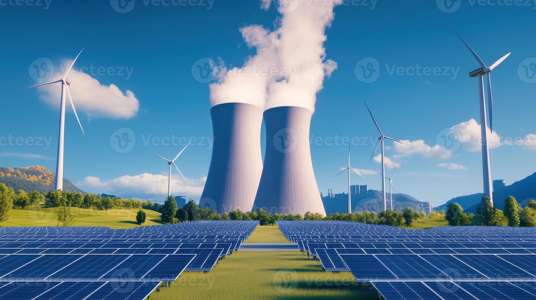 A large power plant with several wind turbines in the background. The sky is blue with a few clouds photo