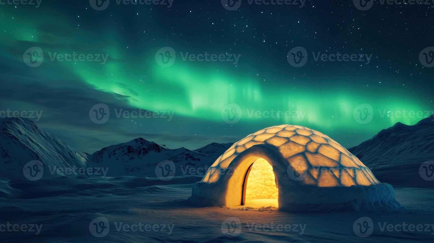 A small igloo is lit up by a fire in the middle of a snowy landscape. The scene is serene and peaceful, with the glowing fire providing a warm and inviting atmosphere photo