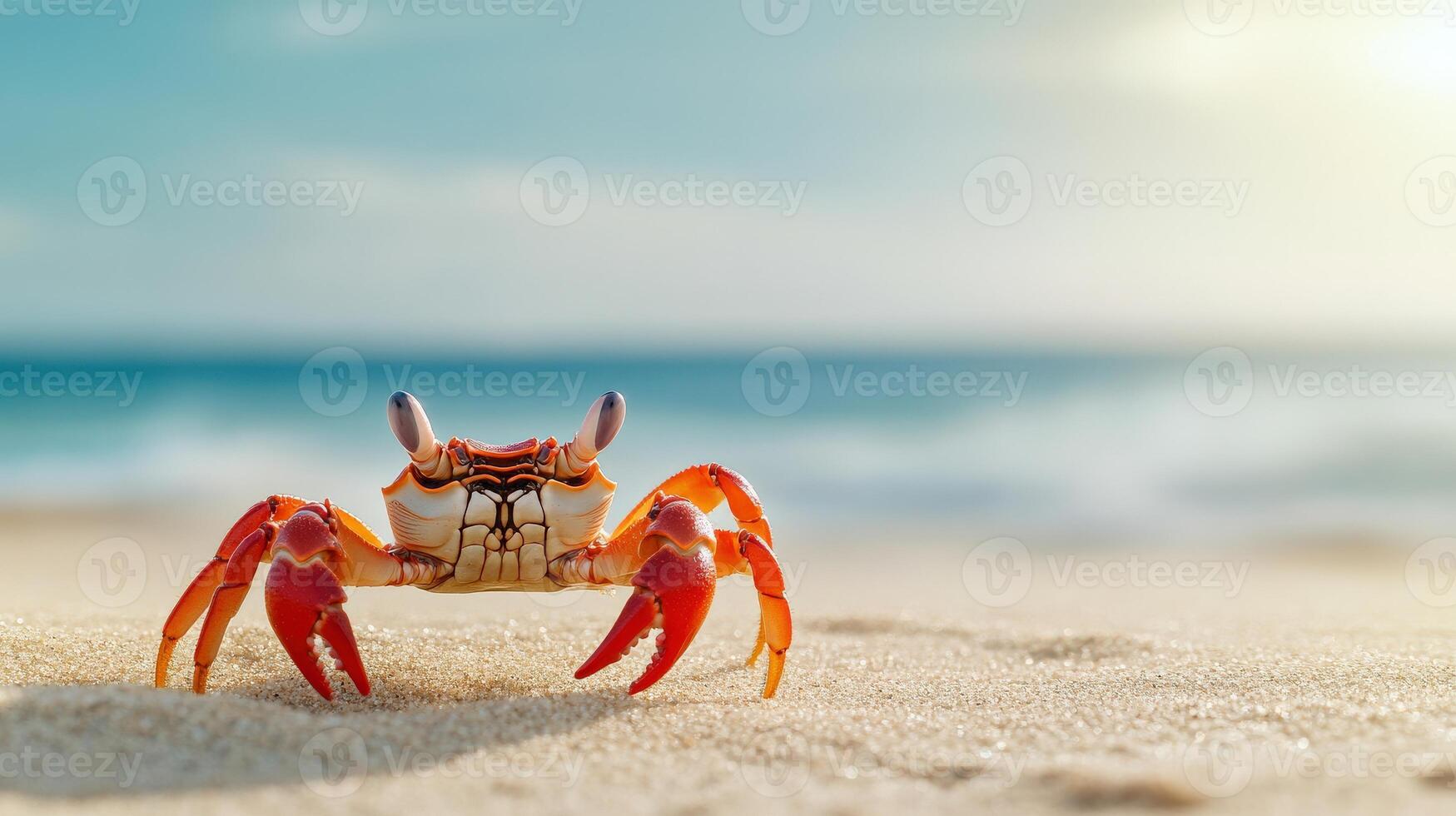 A crab is standing on the beach, looking at the camera. The crab is large and has a bright orange color. The beach is empty, and the sky is clear and blue photo