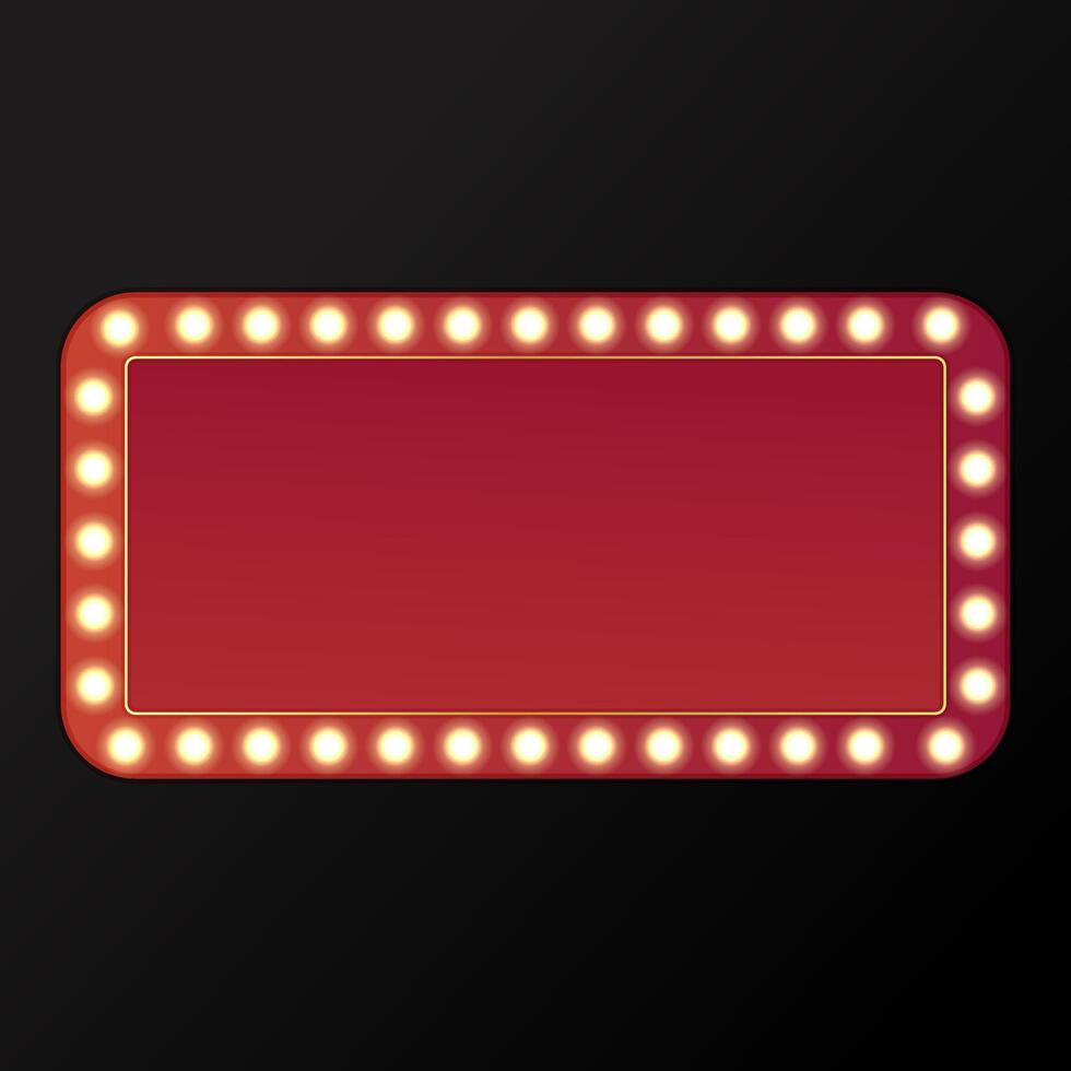 Light sign on red rectangular frame. Retro casino lightbox. Circus frame with glowing light bulbs. Red cinema or theater banner of rectangular shapes. vector
