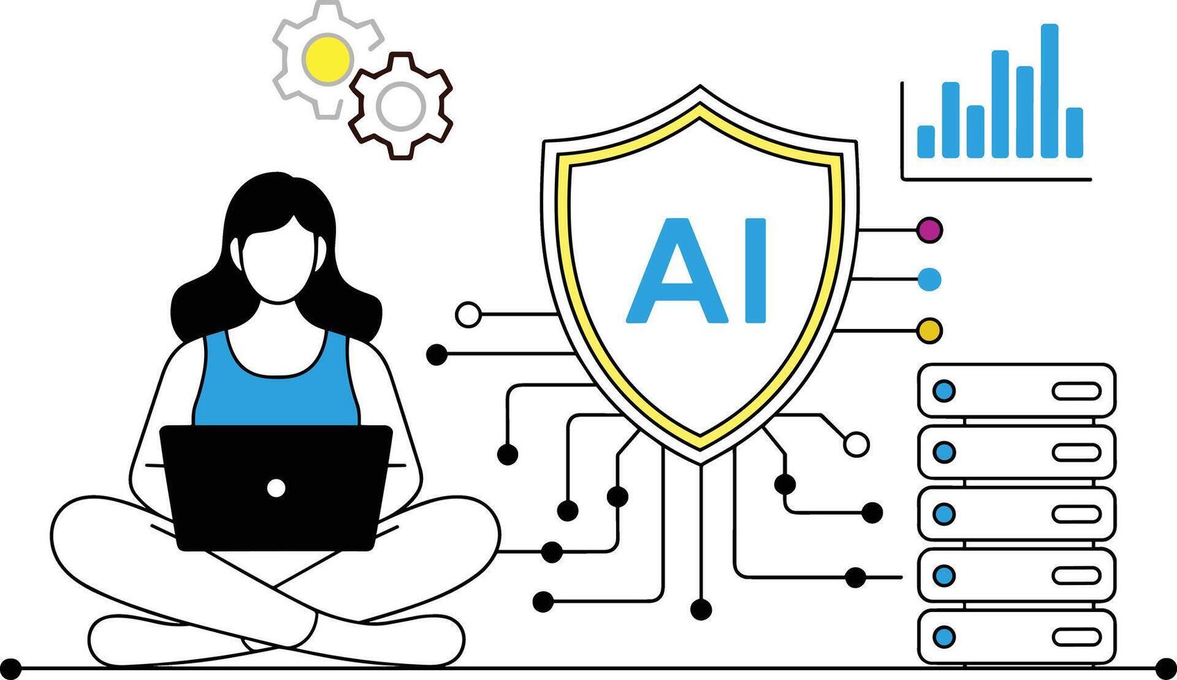 Woman using laptop connected to artificial intelligence shield and servers with data graph and gears vector