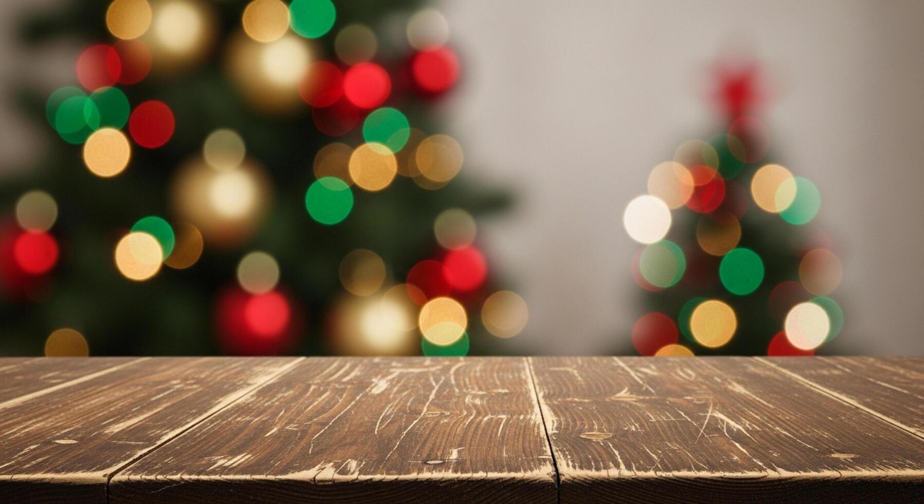 Rustic wood table with festive Christmas tree lights bokeh for product showcase and holiday promotions, adding warmth and charm, perfect for displays photo