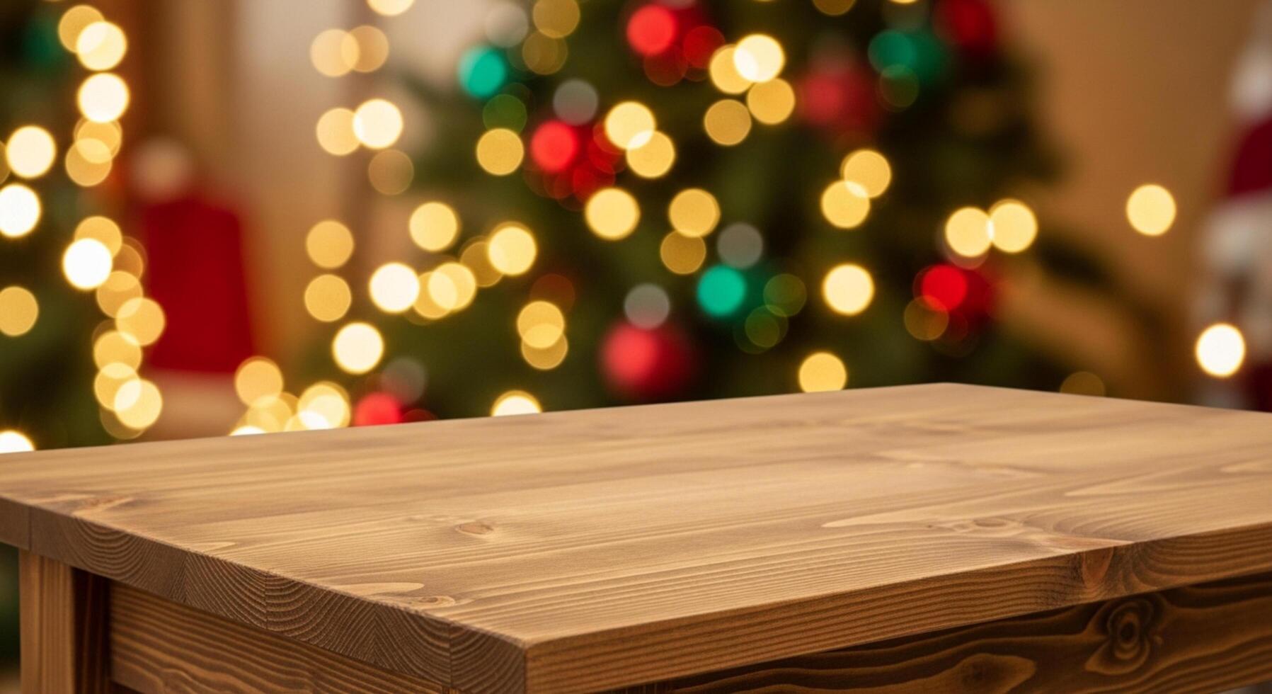 Warm wooden table surface with festive, blurred Christmas tree bokeh lights creating a cozy holiday atmosphere for product placement photo