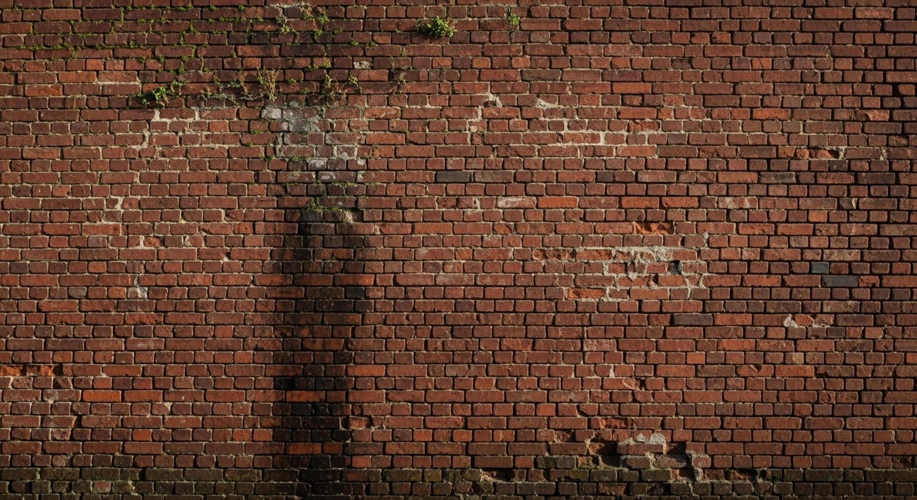 Weathered red brick wall texture with subtle moss growth and shadow patterns offers a rustic, industrial backdrop. photo