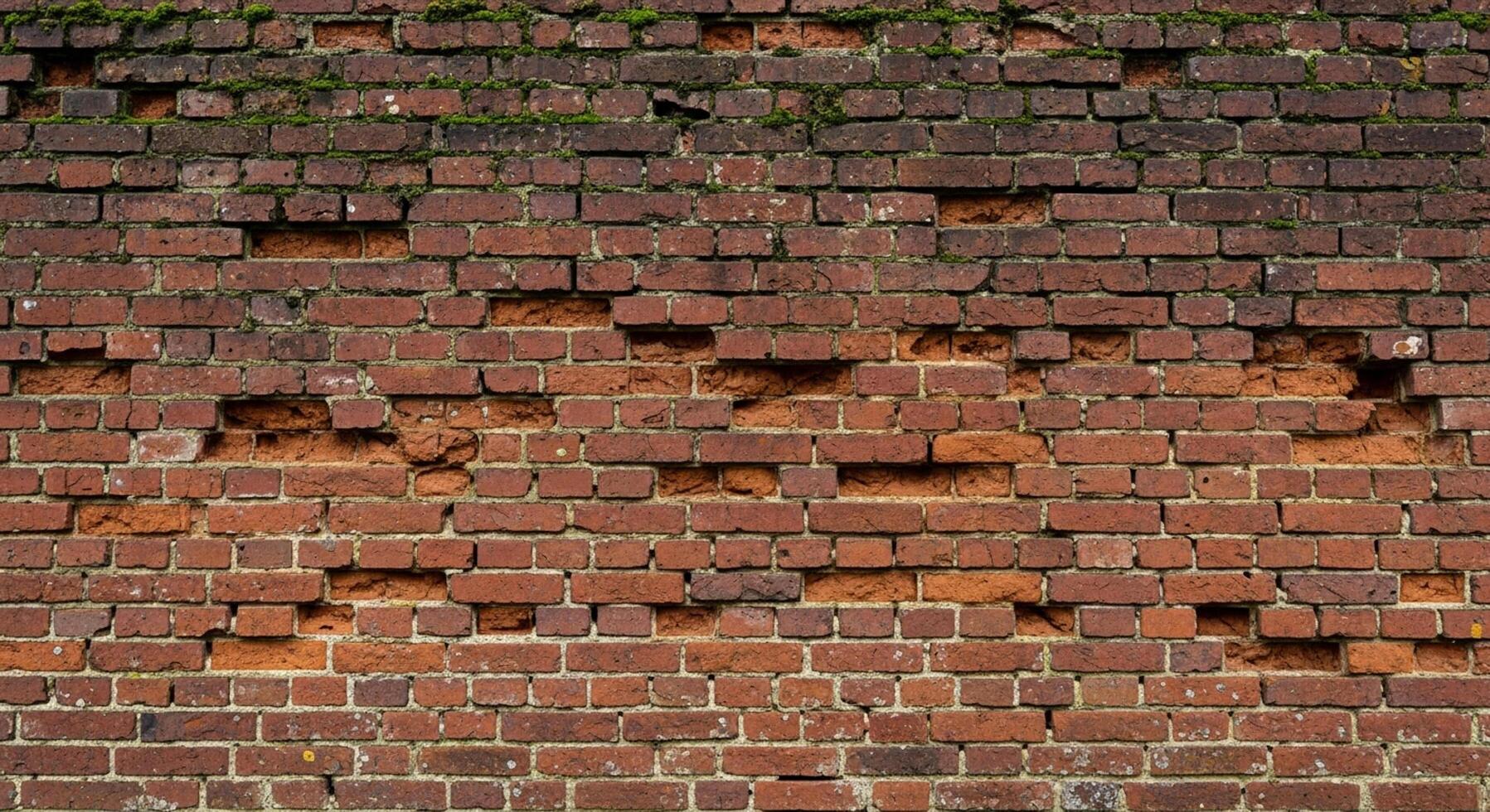 Rustic red brick wall with weathered texture and charming decay for authentic background textures and vintage construction projects photo