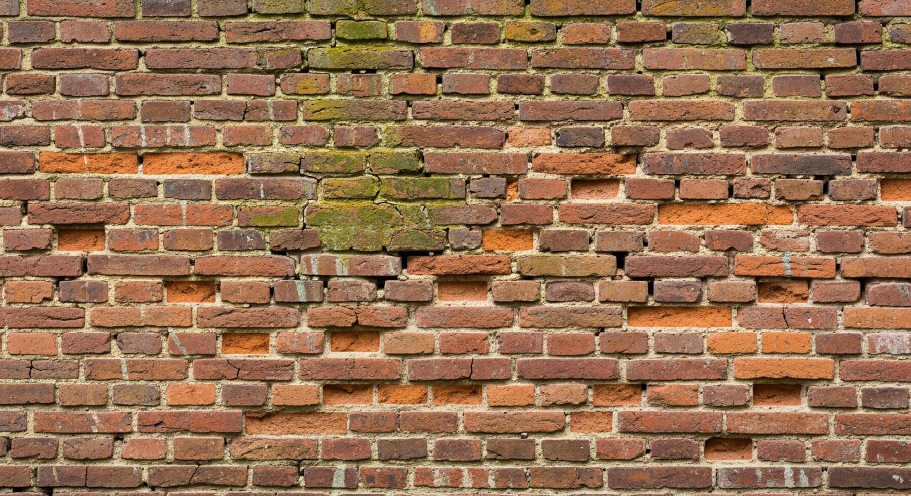 Weathered brick wall texture with patches of moss and varying brick tones offers rustic character for background design photo