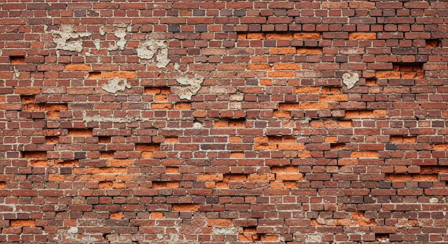 Weathered red brick wall texture with crumbling plaster and missing bricks creates a rustic, aged backdrop for design projects photo