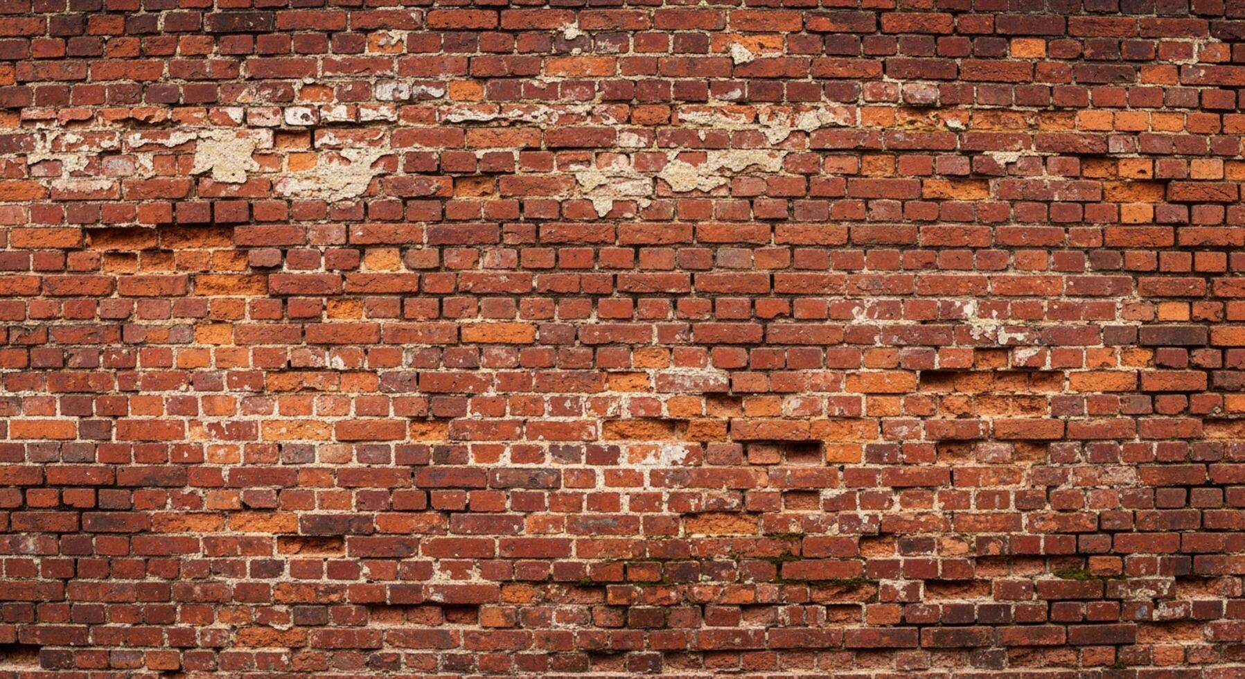Authentic weathered red brick wall texture background with distressed peeling plaster and visible imperfections for grunge design projects photo