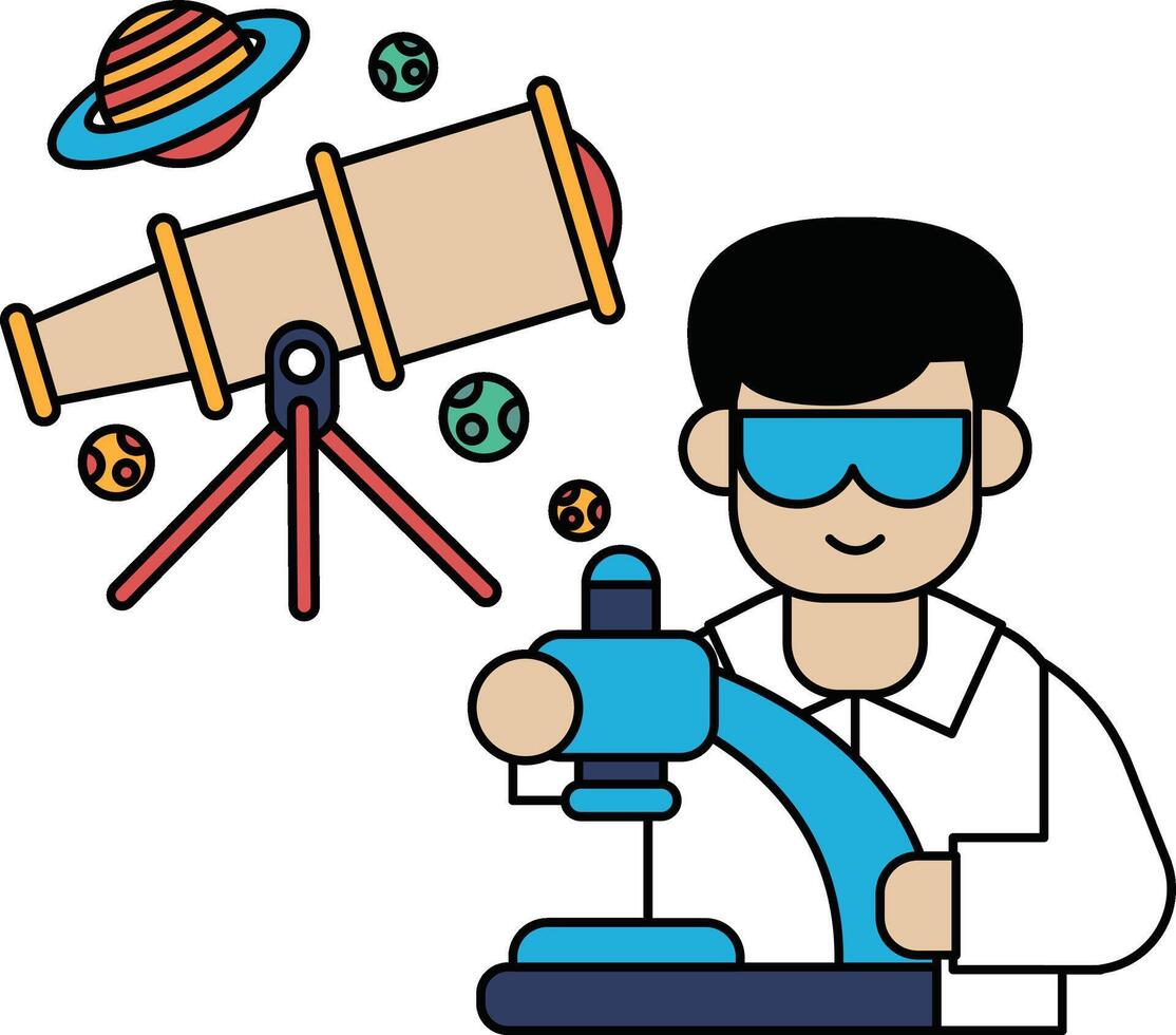 A man in a lab coat is looking through a telescope vector