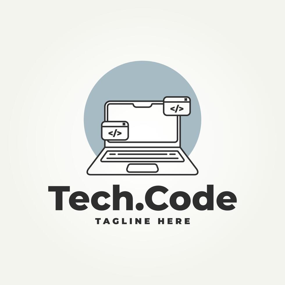 minimalista ordenador portátil con código línea Arte icono logo ilustración diseño. sencillo moderno programación, desarrollo, software ingeniería, o codificación logo concepto vector