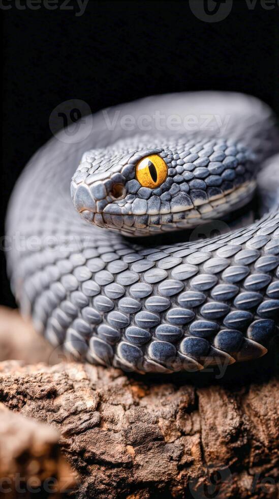 Metallic viper rests on a log with striking golden eyes under soft light photo