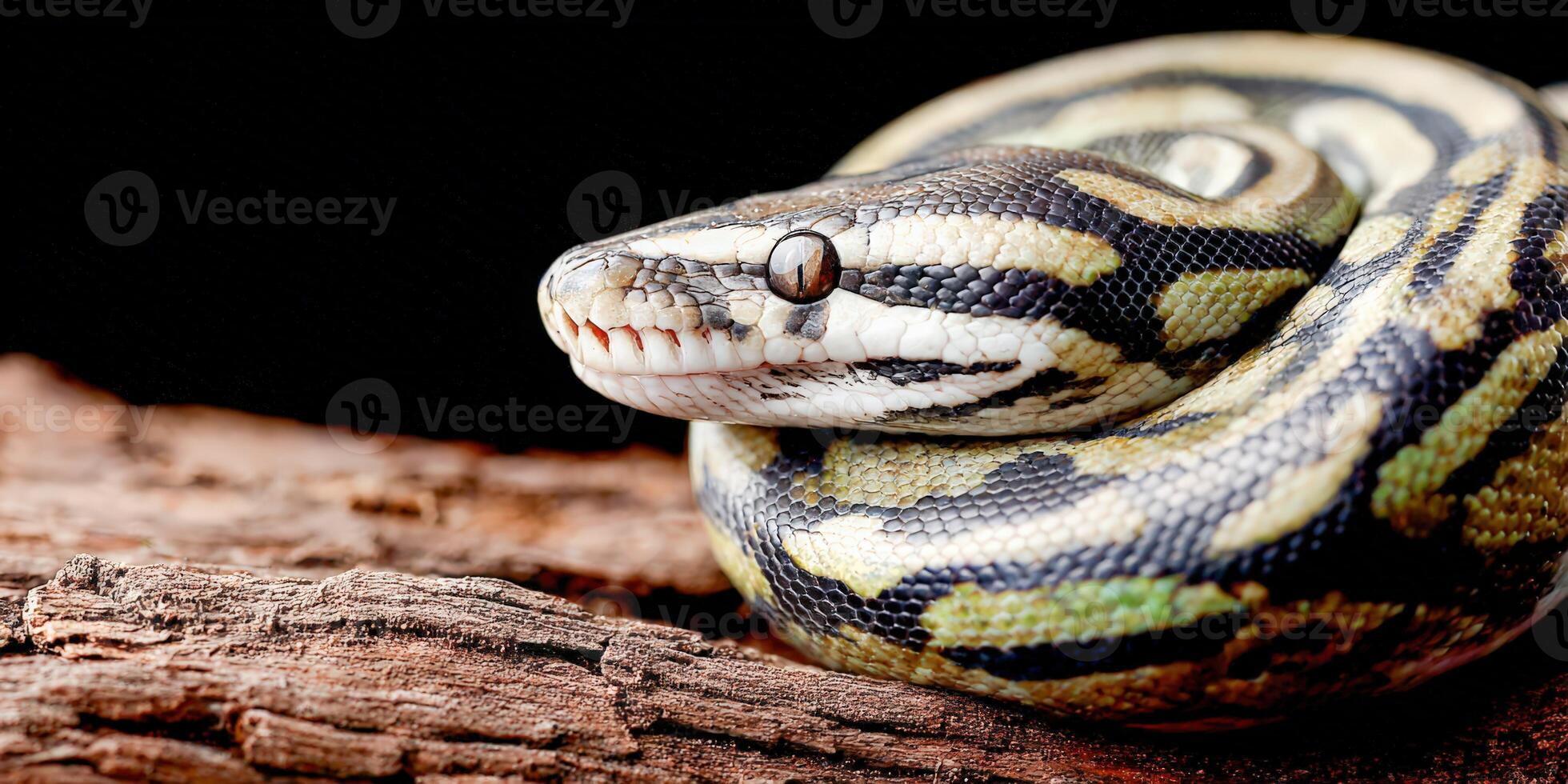 Coiled snake displaying defensive posture on a branch in natural habitat photo