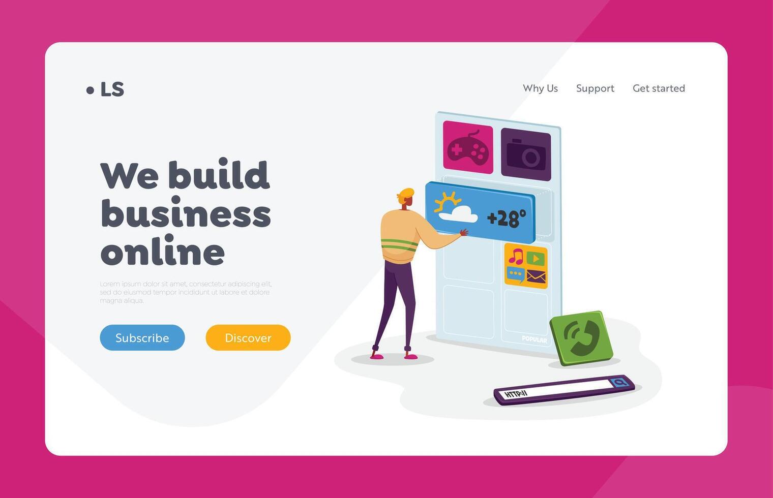 web ui ux diseño desarrollo aterrizaje página modelo. desarrollador, programador trabajando en creación nuevo software para móvil vector