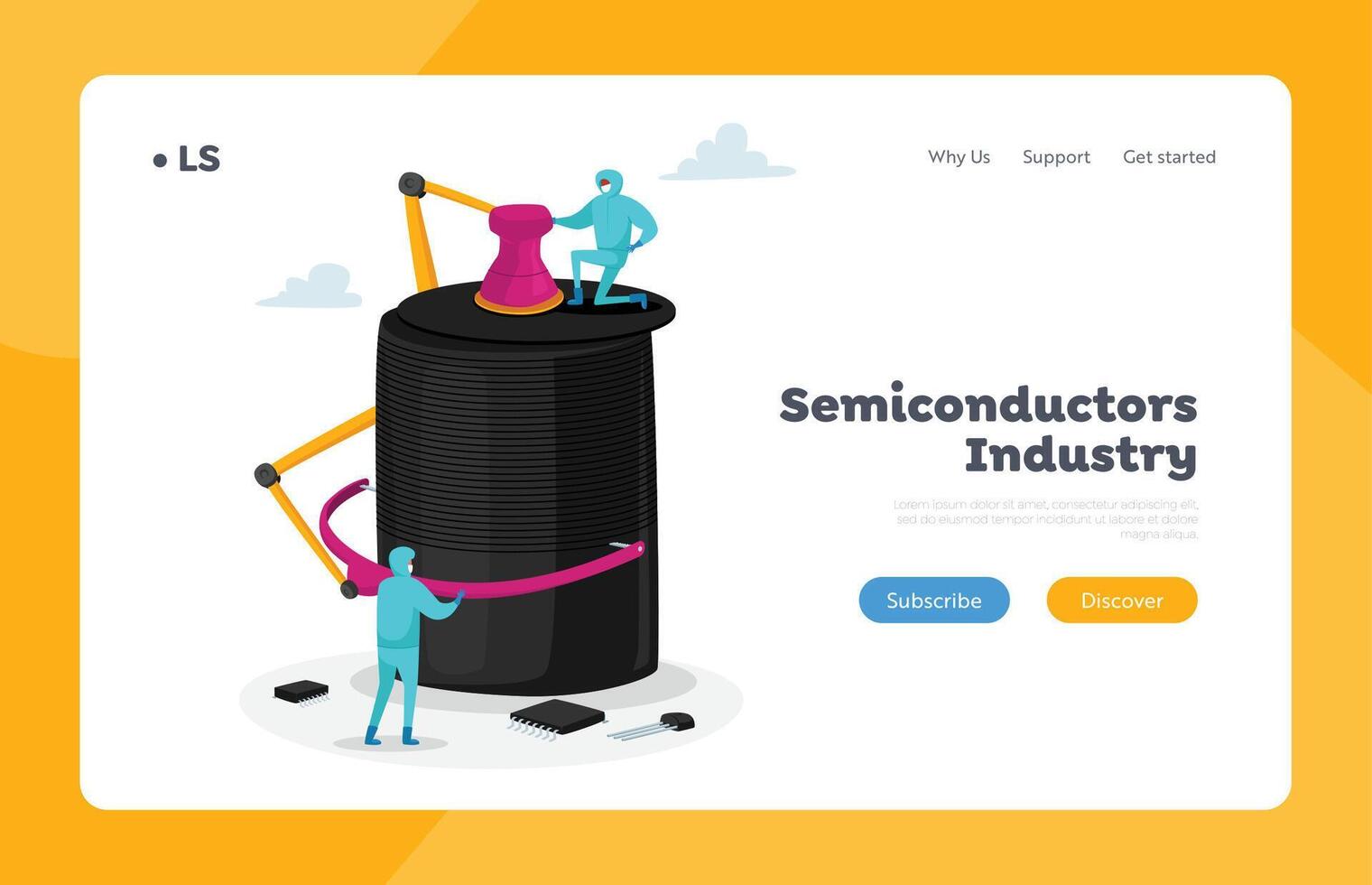 New Generation Semiconductor Microchip Manufacture Landing Page Template. Characters Set Up Huge Technological Wonder vector