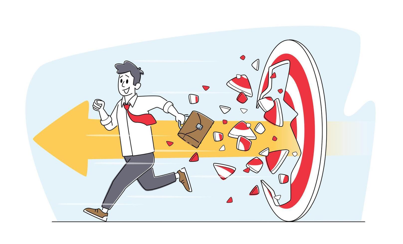 Businessman Character with Briefcase Break Through Huge Target with Arrow, Business Aim Mission, Challenge Task Solution vector