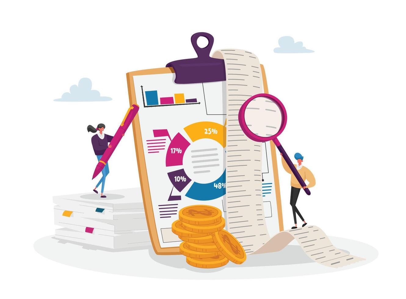 Accounting and Bookkeeping. Tiny Accountant Characters at Huge Clip Board Filling Bookkeeping Data, Graphs and Charts vector