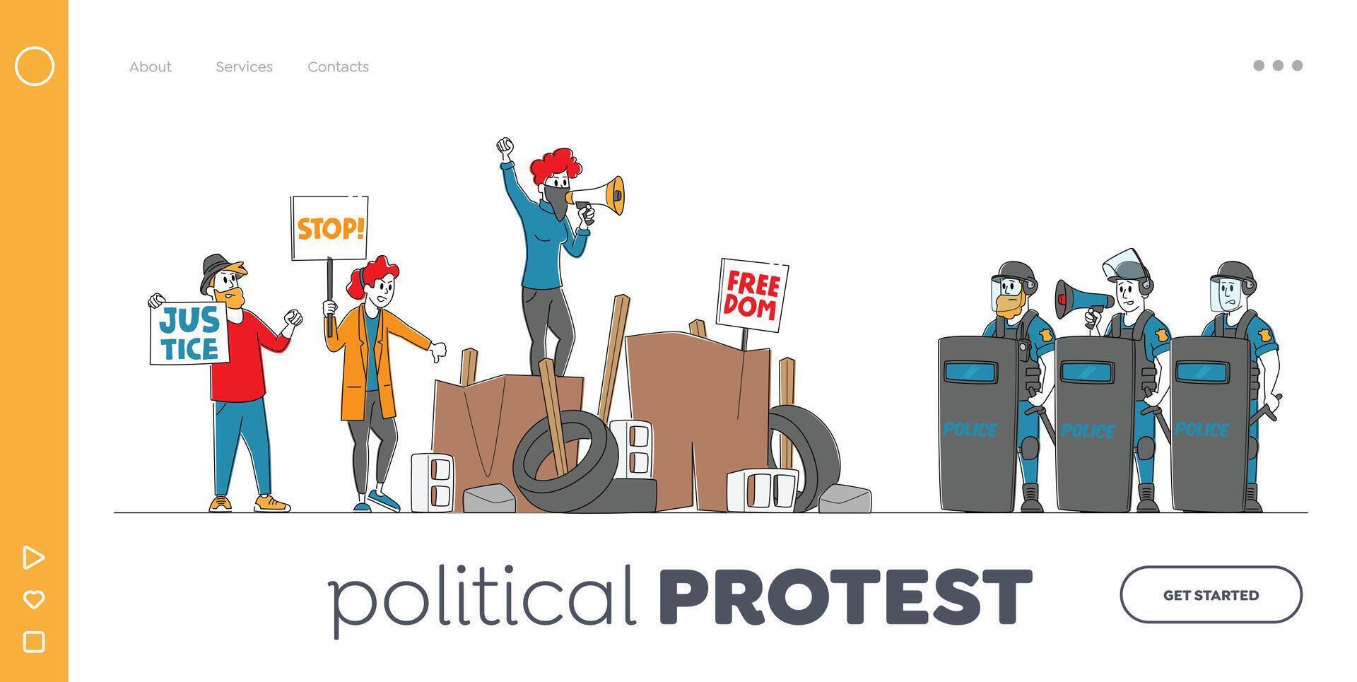 People Protest Landing Page Template. Characters Fighting for Rights and Freedom, Protesting with Placards on Strike vector