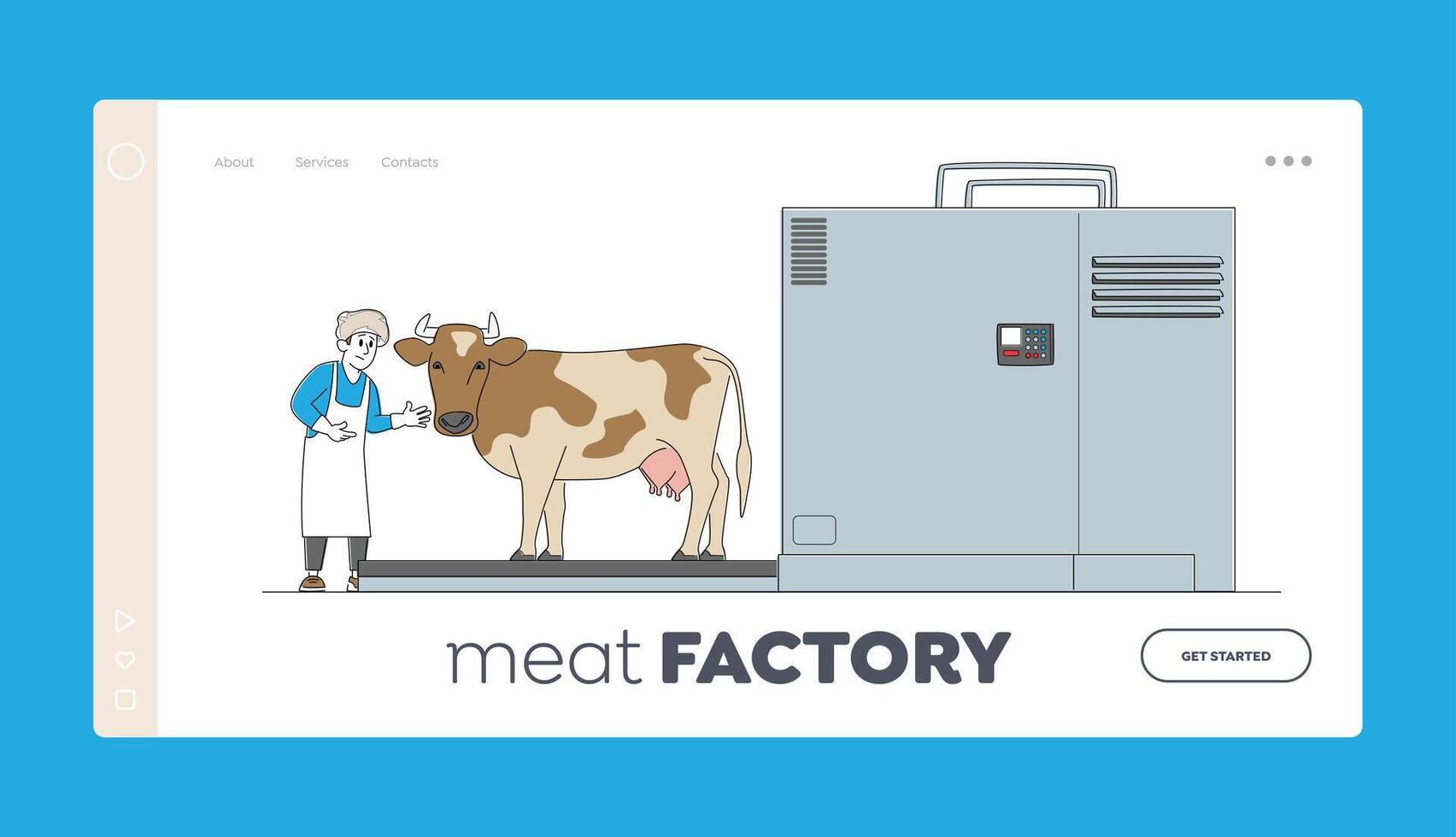 Male Character Working on Meat Factory Landing Page Template. Cow Stand on Processing Line before Carcass Cutting vector
